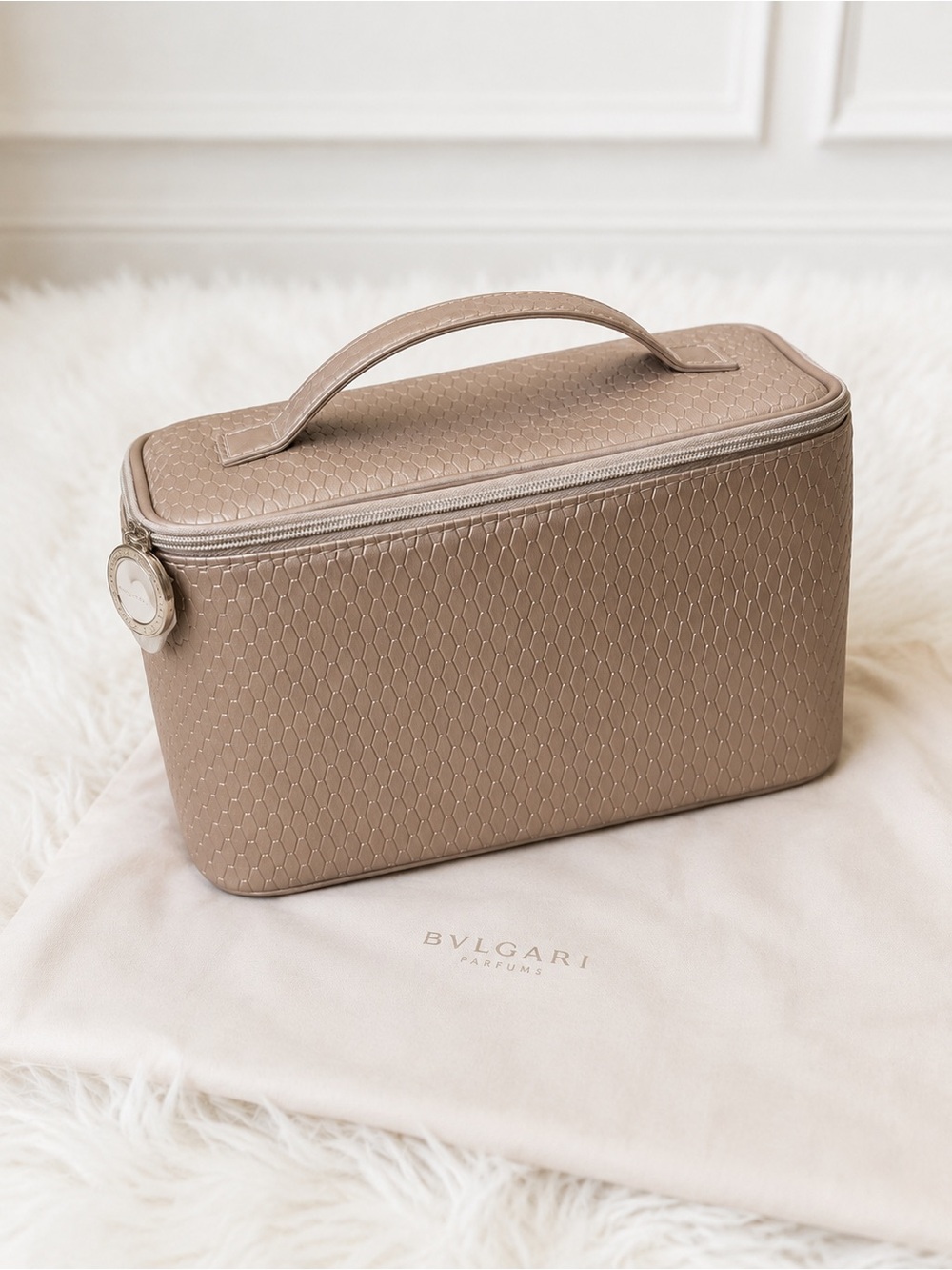 BVLGARI Champagne Gold Textured Top-Handle Cosmetic Case NWOT